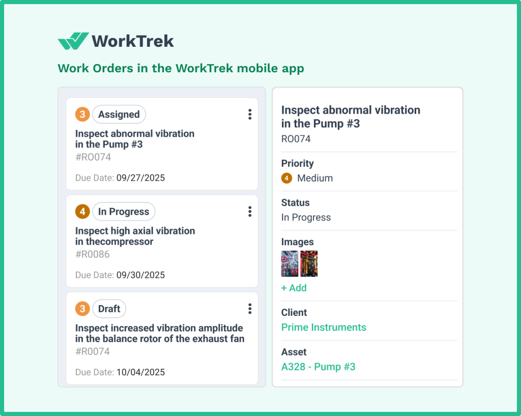 Work Orders in WorkTrek mobile app related to the vibration analysis