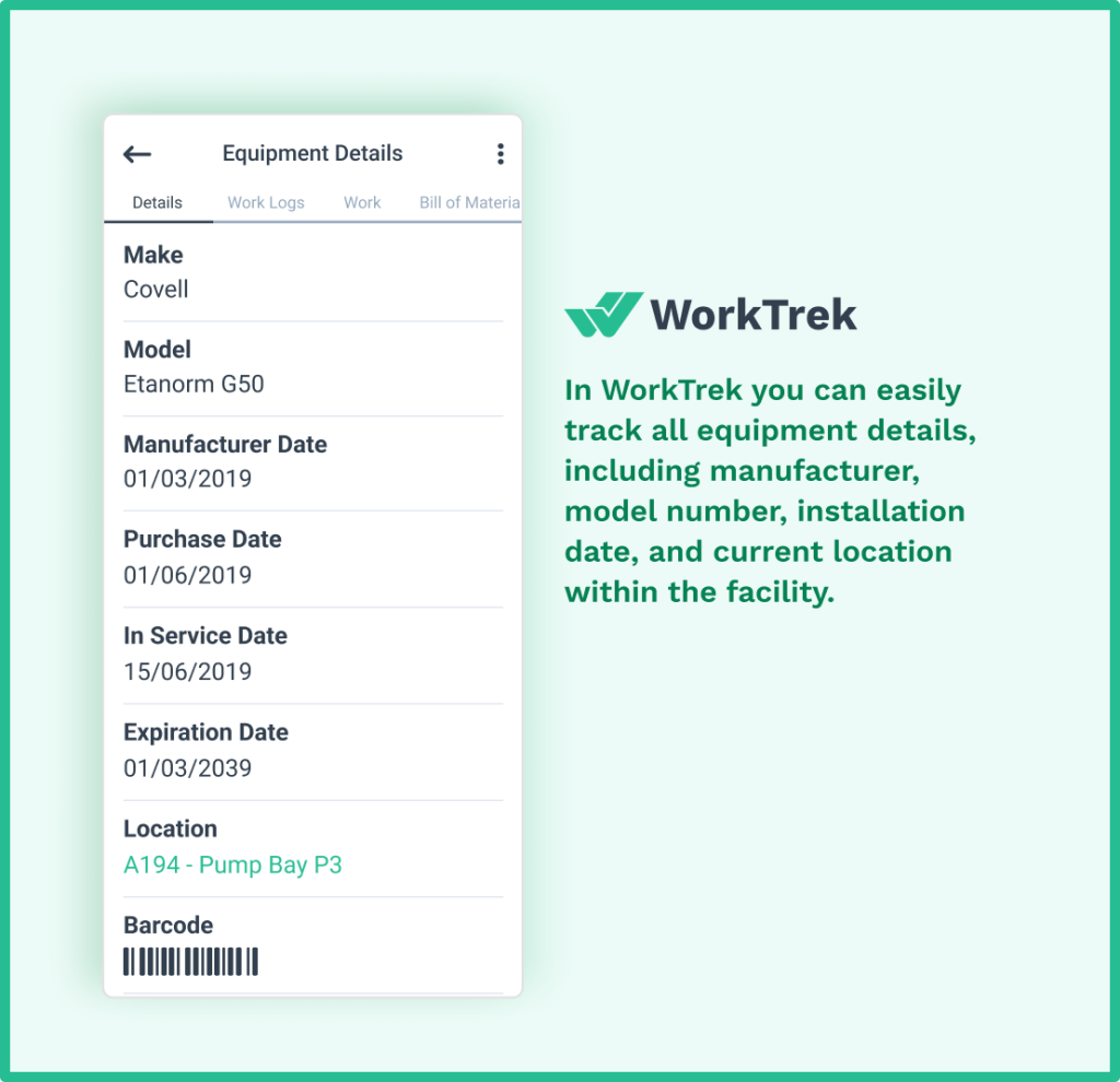 Equipment details screen in the WorkTrek mobile app