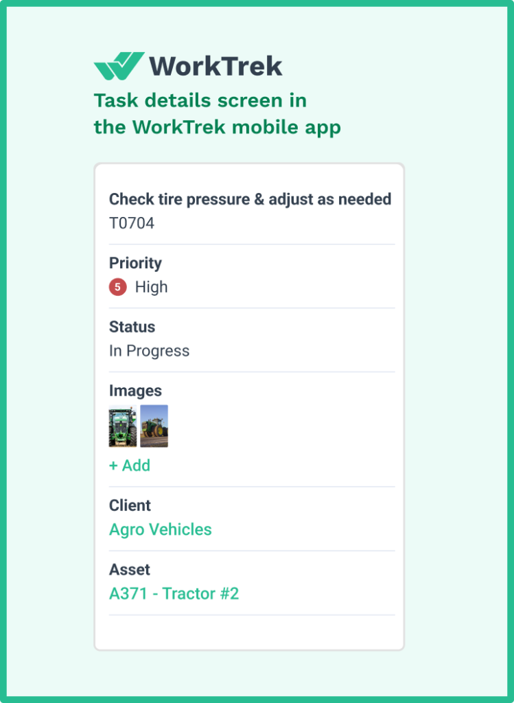Tire pressure task details for the farm equipment maintenance